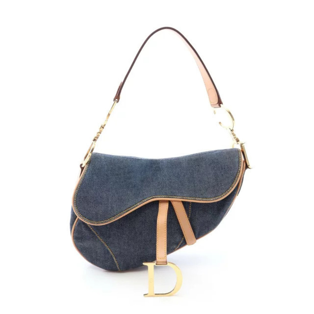 Christian Dior Saddle Bag Handbag Denim Leather Navy Blue Brown